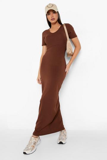 Chocolate Brown Basic Short Sleeve V Neck Maxi Dress