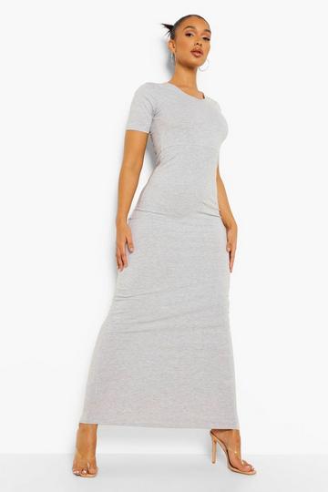 Basic Short Sleeve V Neck Maxi Dress grey marl