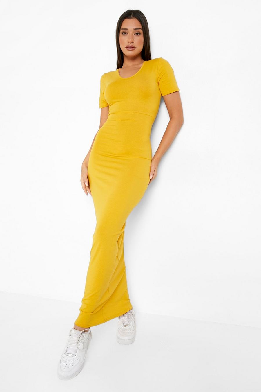 Mustard Basic Short Sleeve V Neck Maxi Dress image number 1