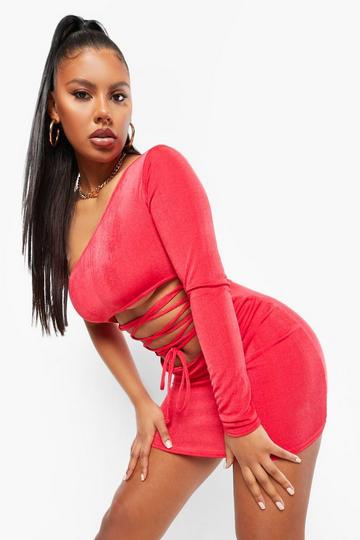 Red Textured Slinky Cross Cut Out Mini Dress