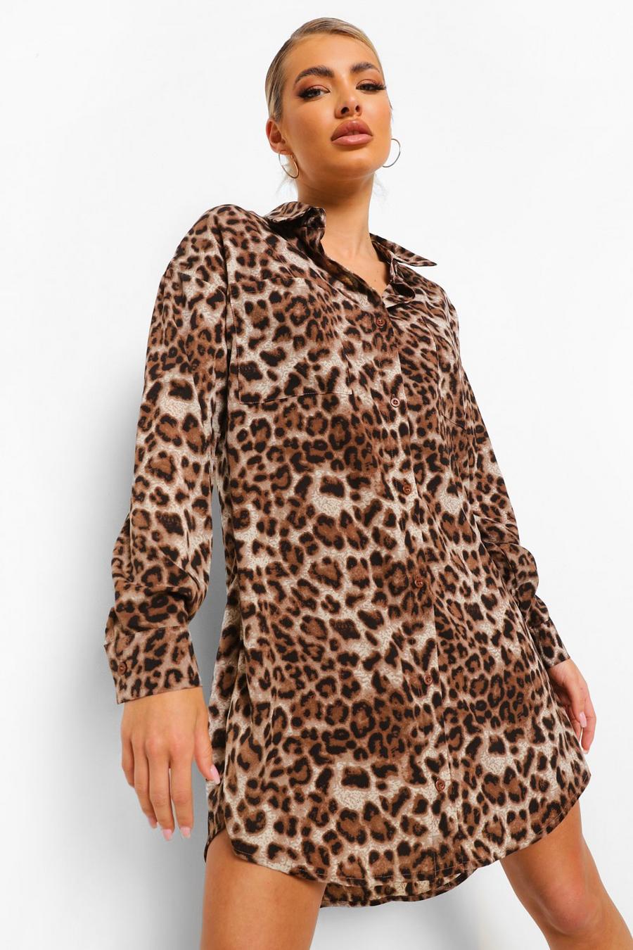 Brown Leopard Print Oversized Shirt Dress image number 1