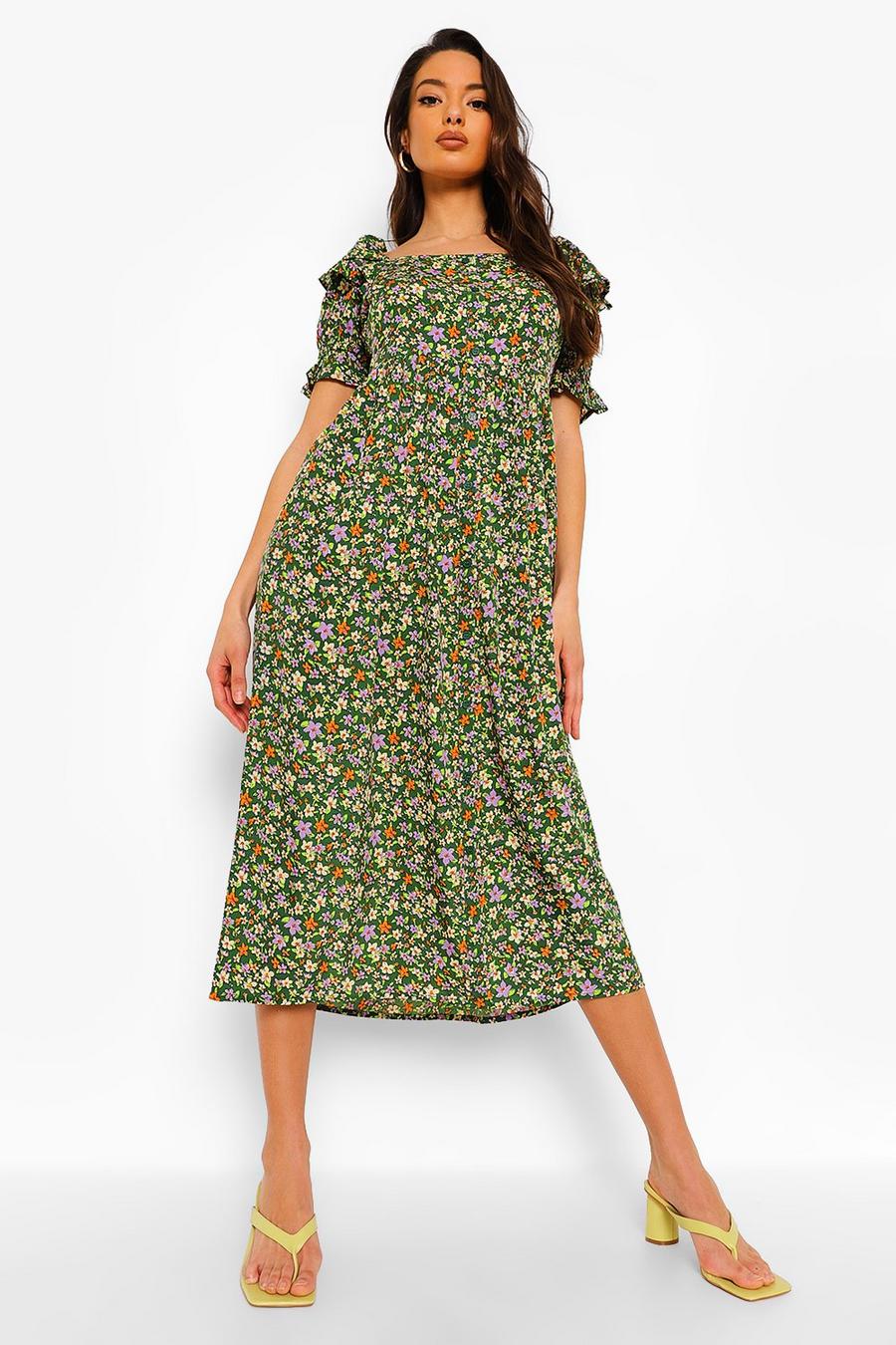Green Floral Print Square Neck Midaxi Dress image number 1