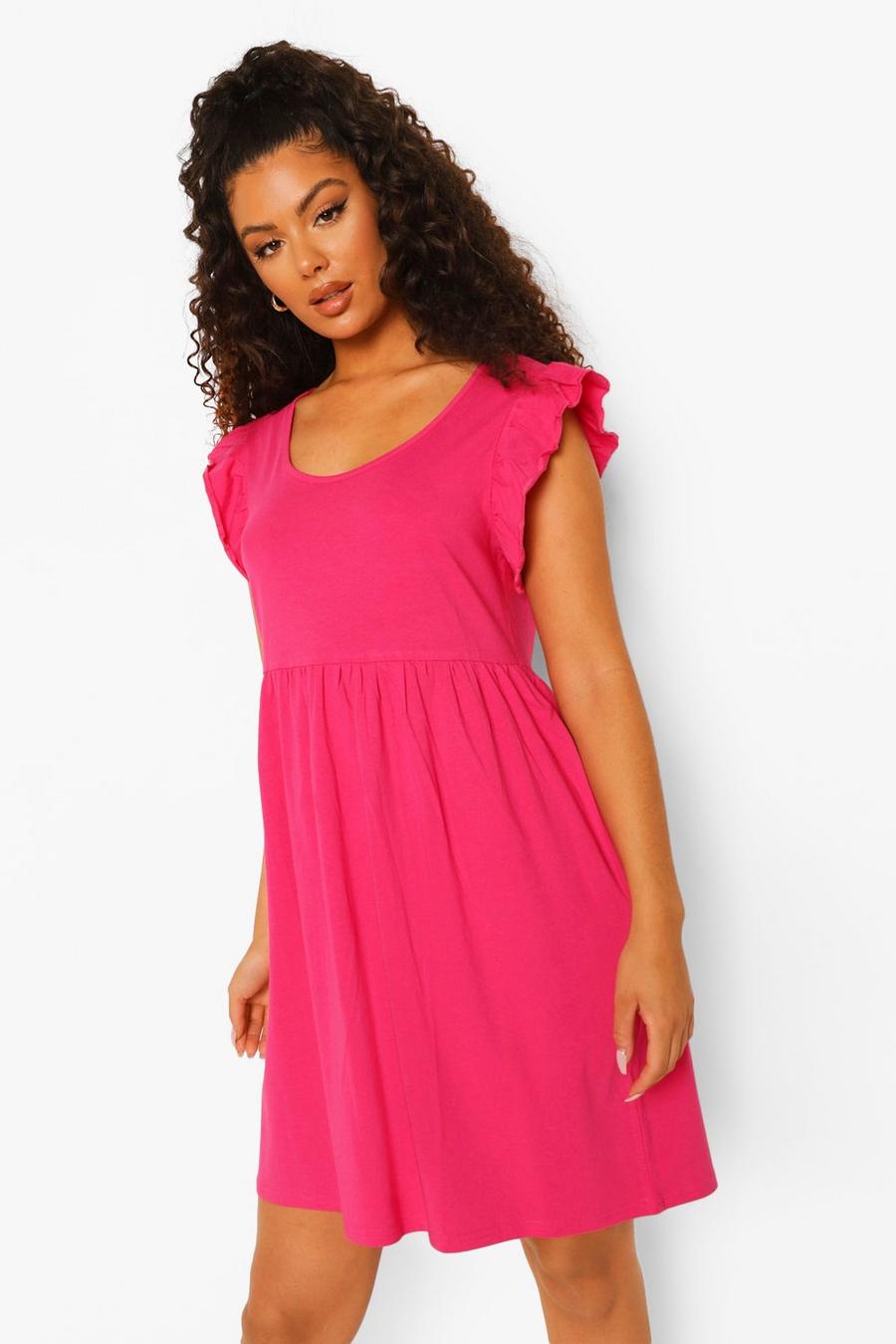 Hot pink Frill Sleeve Scoop Neck Smock Dress image number 1