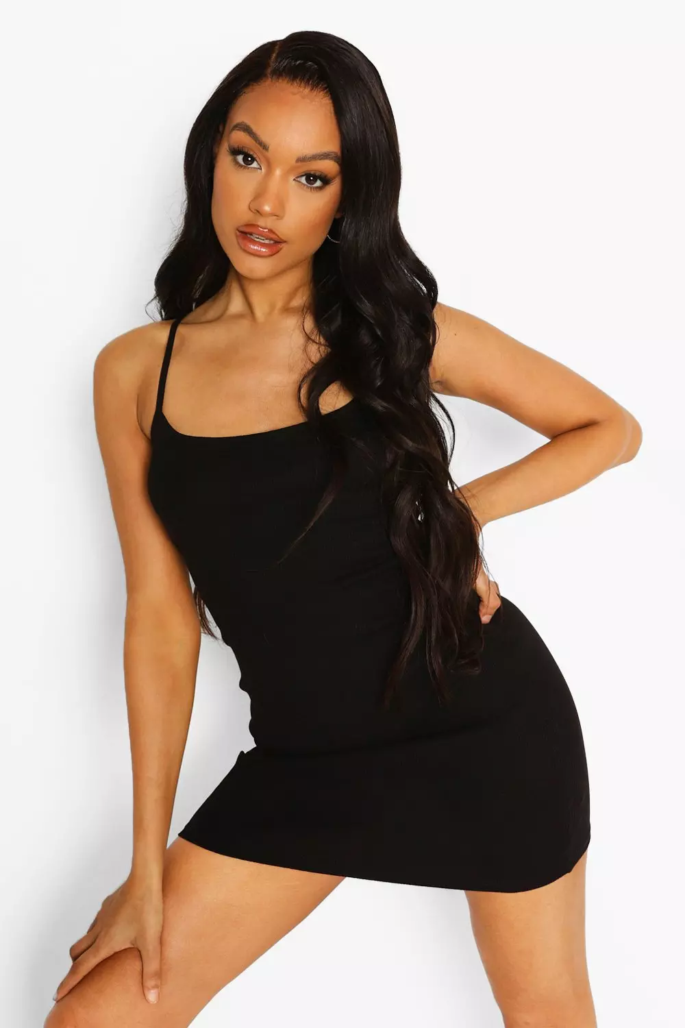 Black strappy straight 2025 neck bodycon dress