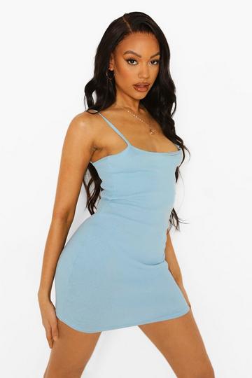 Rib Straight Neck Strappy Bodycon Mini Dress blue