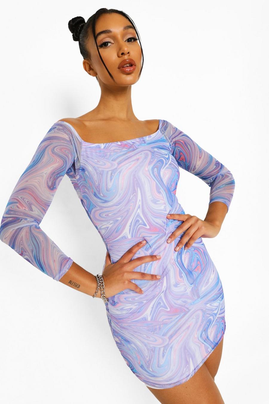 Blue Kort off shoulder-klänning i mesh med marmormönster image number 1