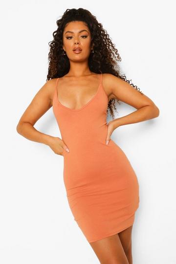 Basic Strappy Plunge Bodycon Mini Dress caramel