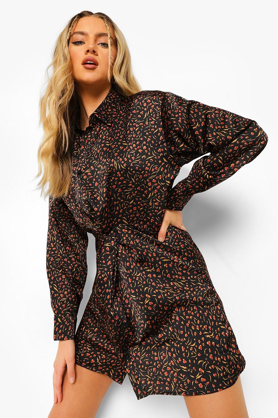 Black Leopard Print Wrap Mini Shirt Dress image number 1
