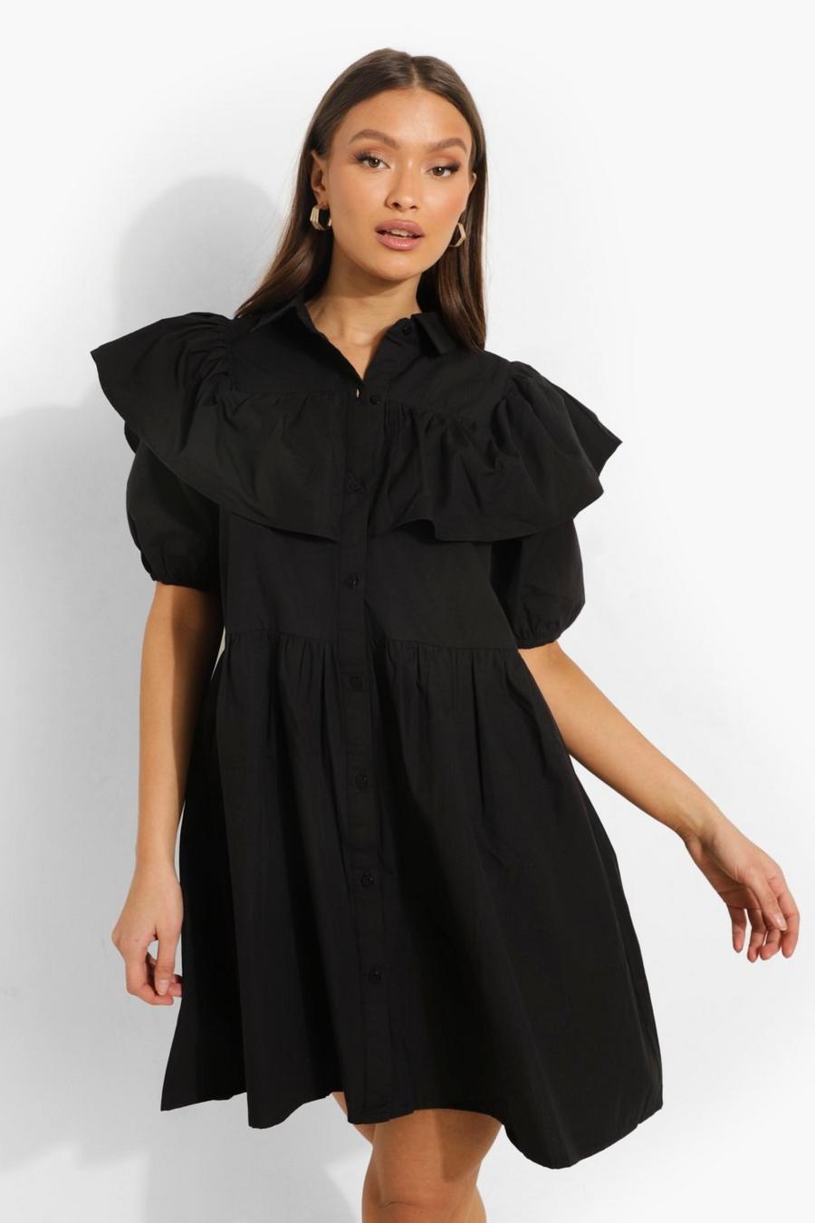 Black Ruffle Detail Shirt Dress image number 1