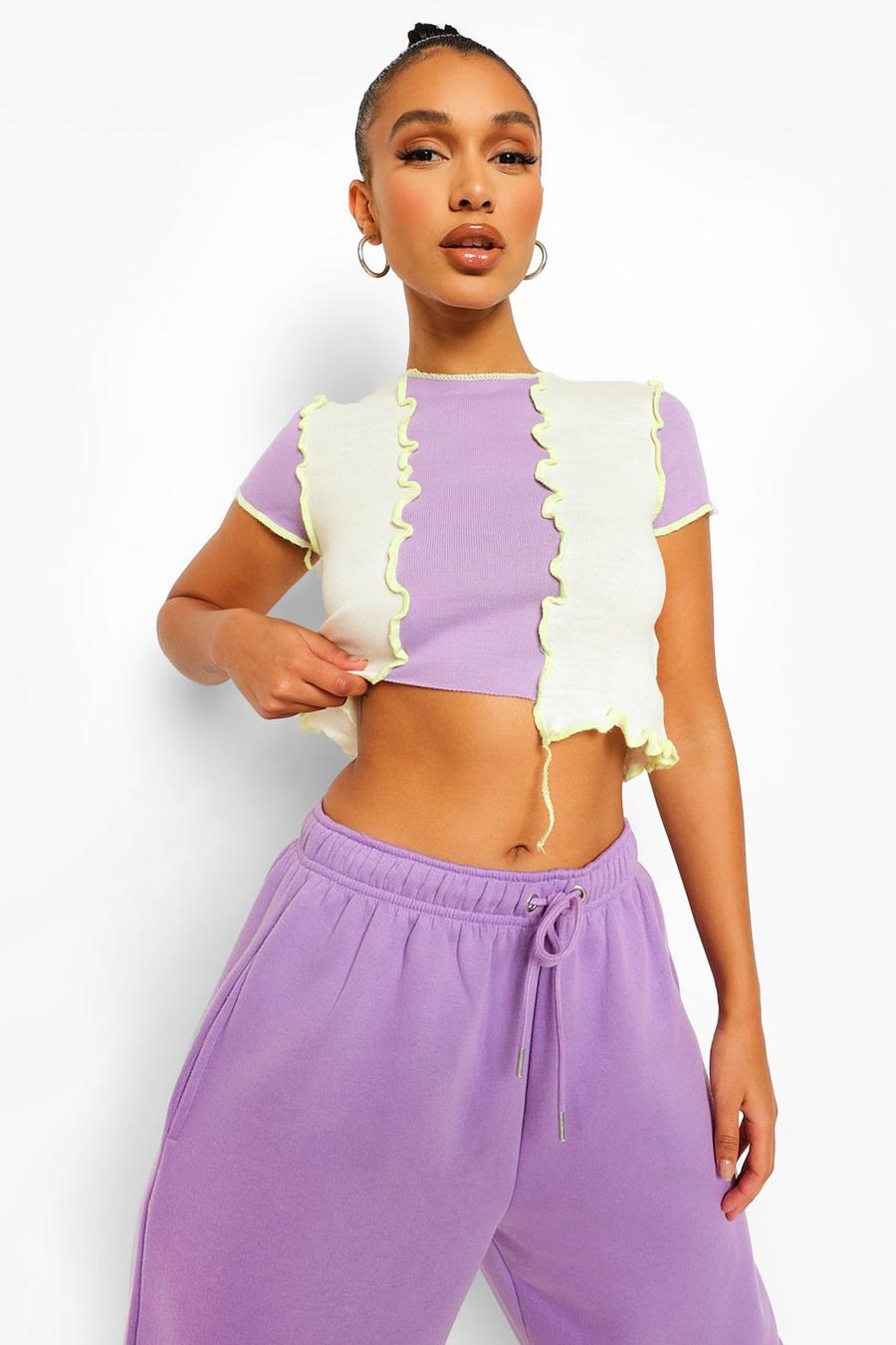 Lilac Rib Knit Contrast Seam Color Block Crop Top image number 1