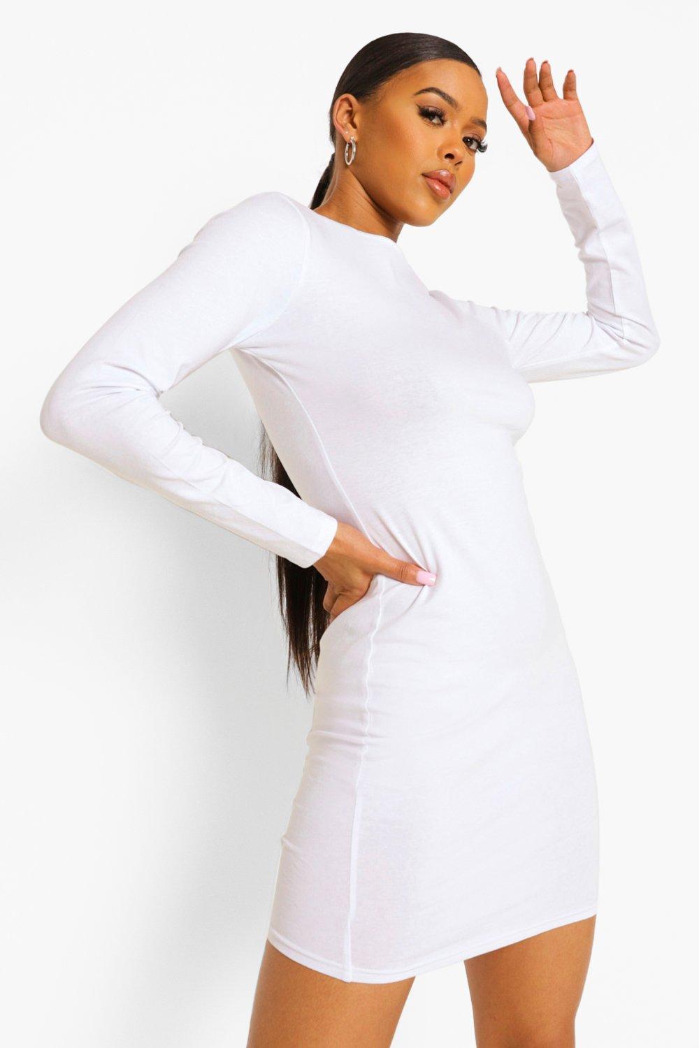 Cream Long Sleeve Rib Knitted Bodycon Mini Dress