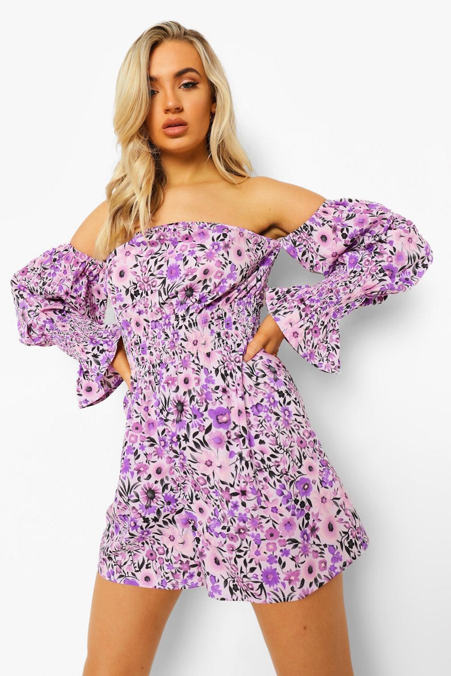 Lilac Floral Bardot Puff Sleeve Shirred Playsuit image number 1