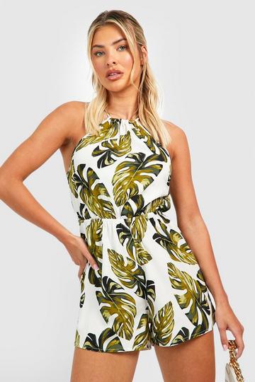 Palm Print Tie Back Playsuit white