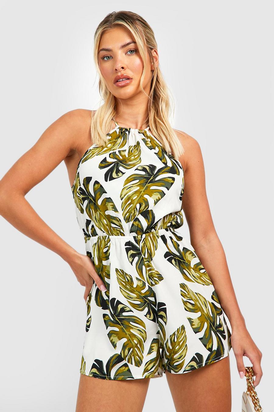 White Palm Print Tie Back Playsuit image number 1