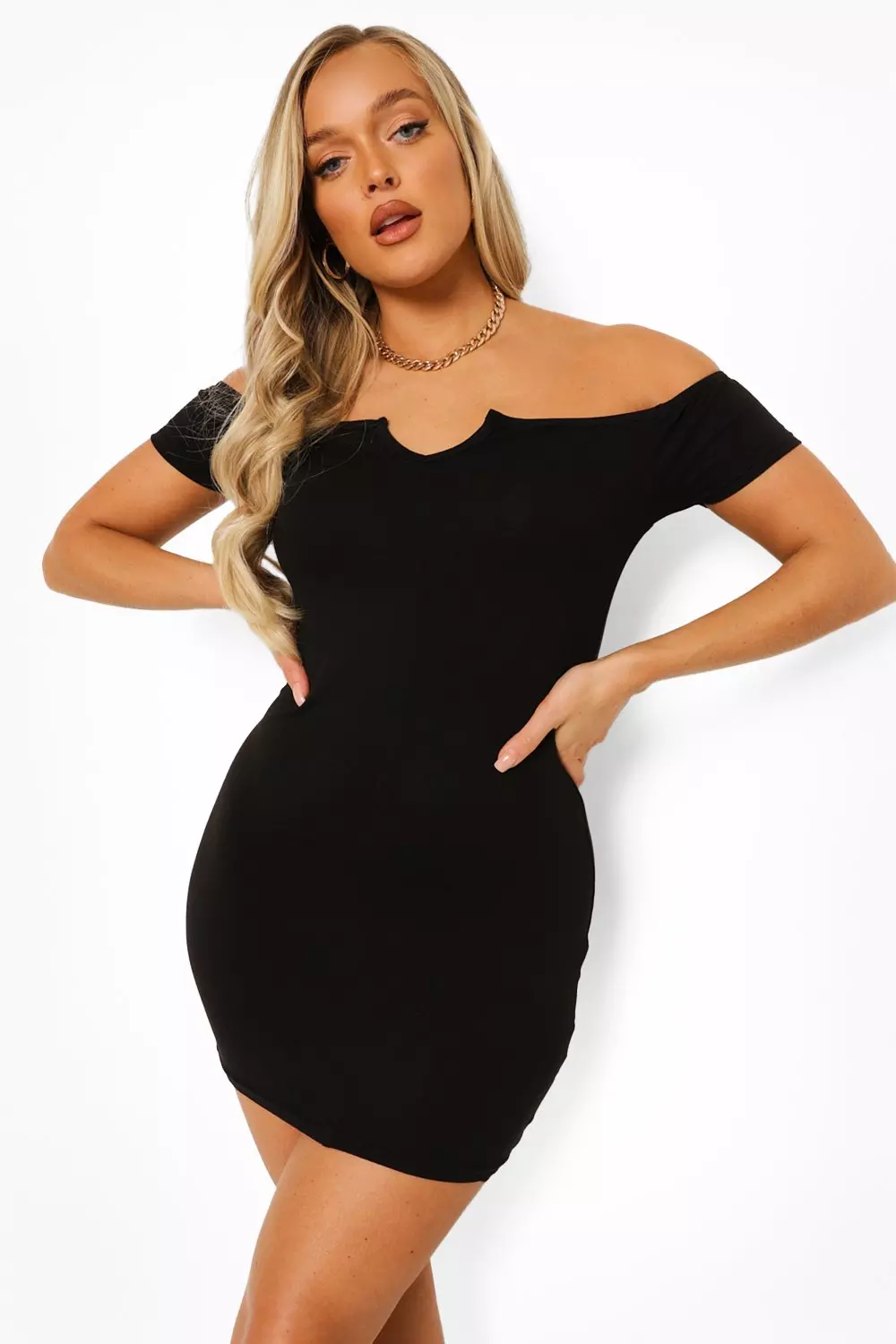 Black bardot bodycon store dress