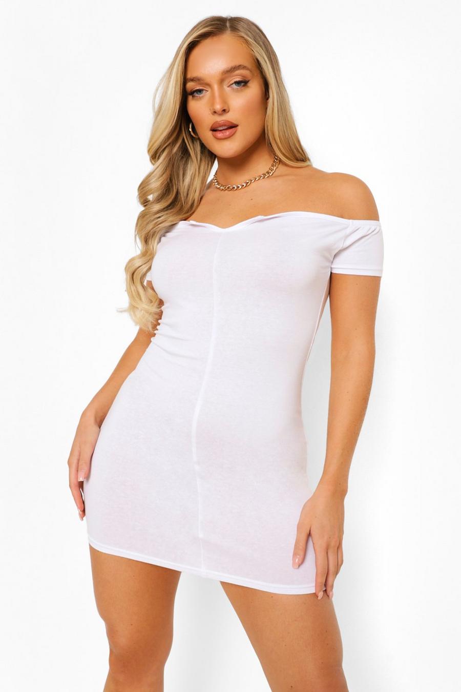 White Basic Plunge Off The Shoulder Bodycon Mini Dress image number 1