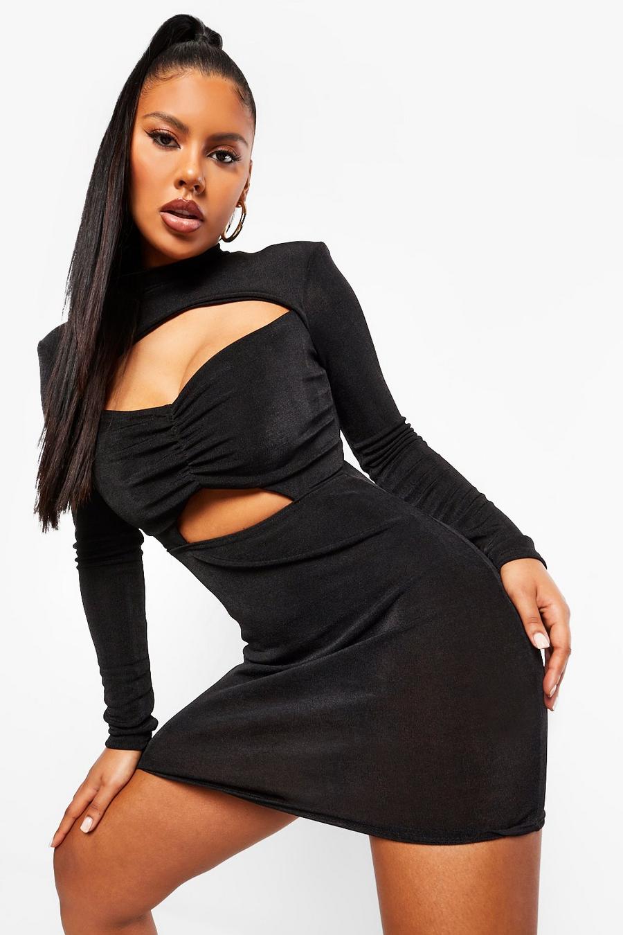 Black Textured Slinky High Neck Cut Out Mini Dress image number 1