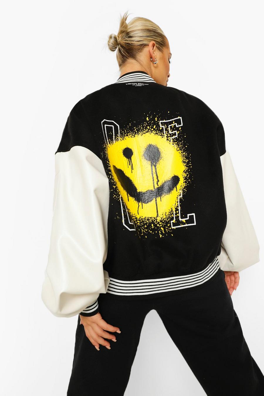 Black Face Print Oversized Varsity Bomber Jacket image number 1