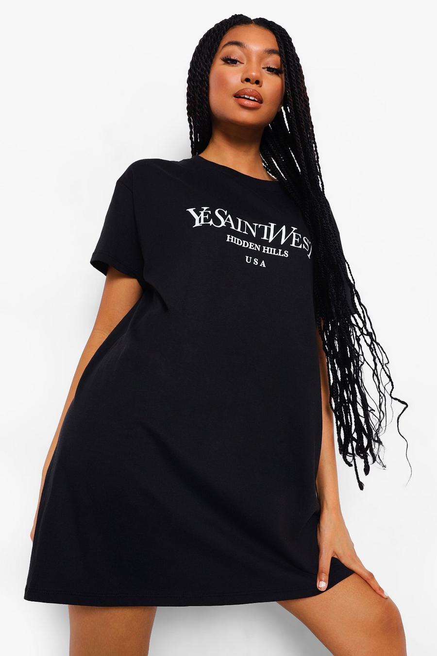 T-Shirt-Kleid mit „Ye Saint West“-Slogan, Schwarz image number 1