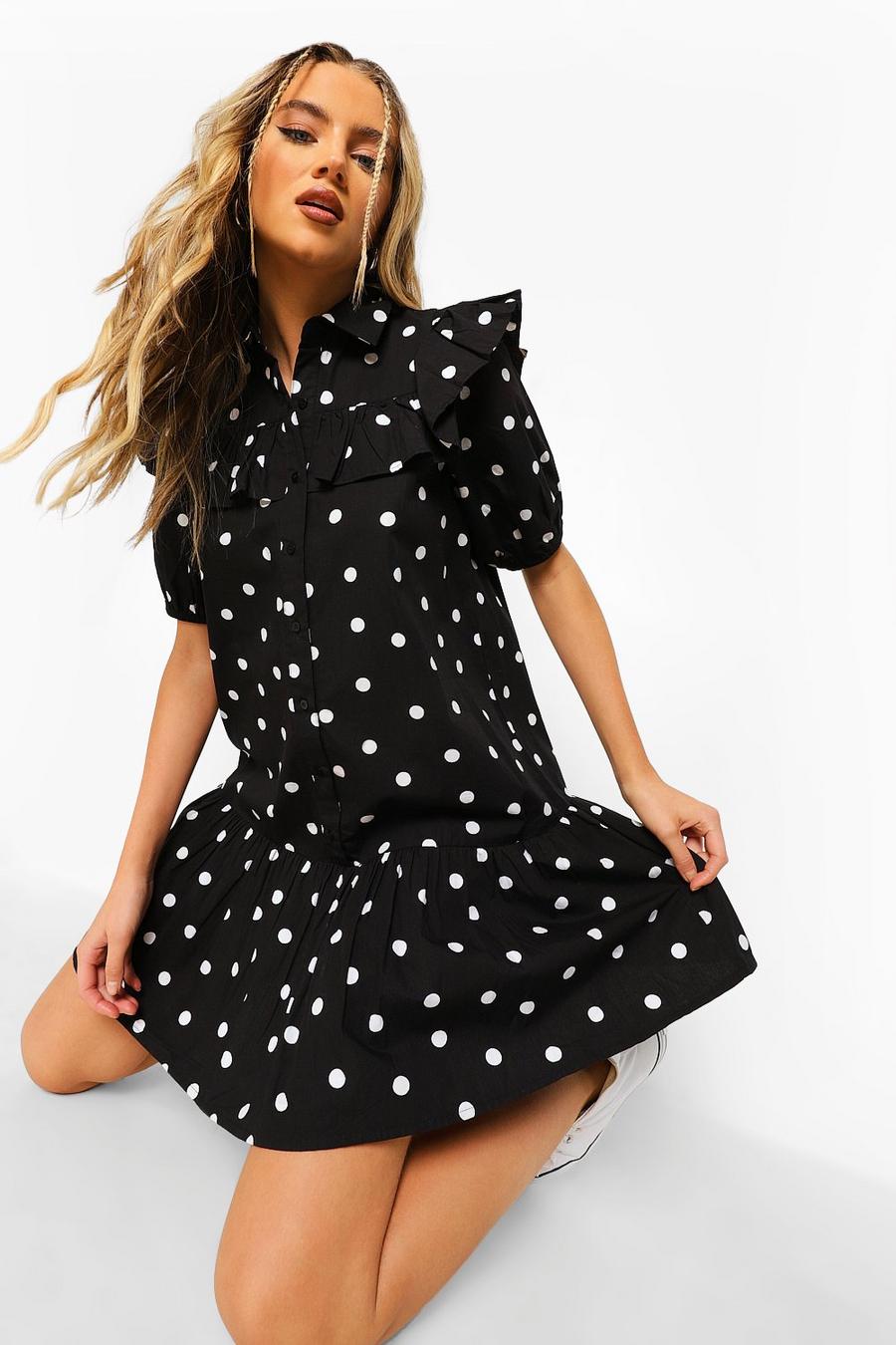 Black Polka Dot Ruffle Drop Hem Shirt Dress image number 1