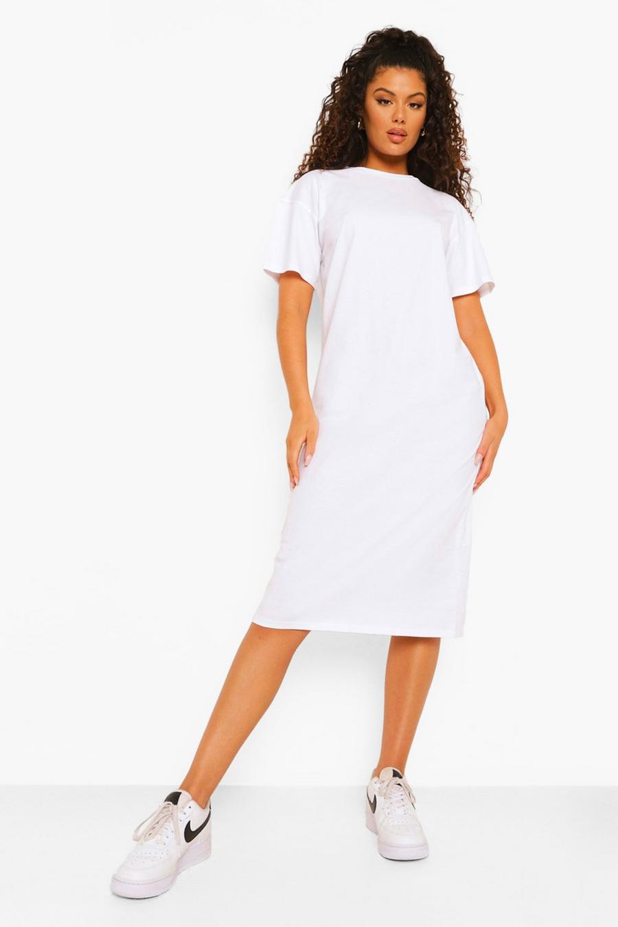 White Basic Round Neck Short Sleeve Midi Shift Dress image number 1