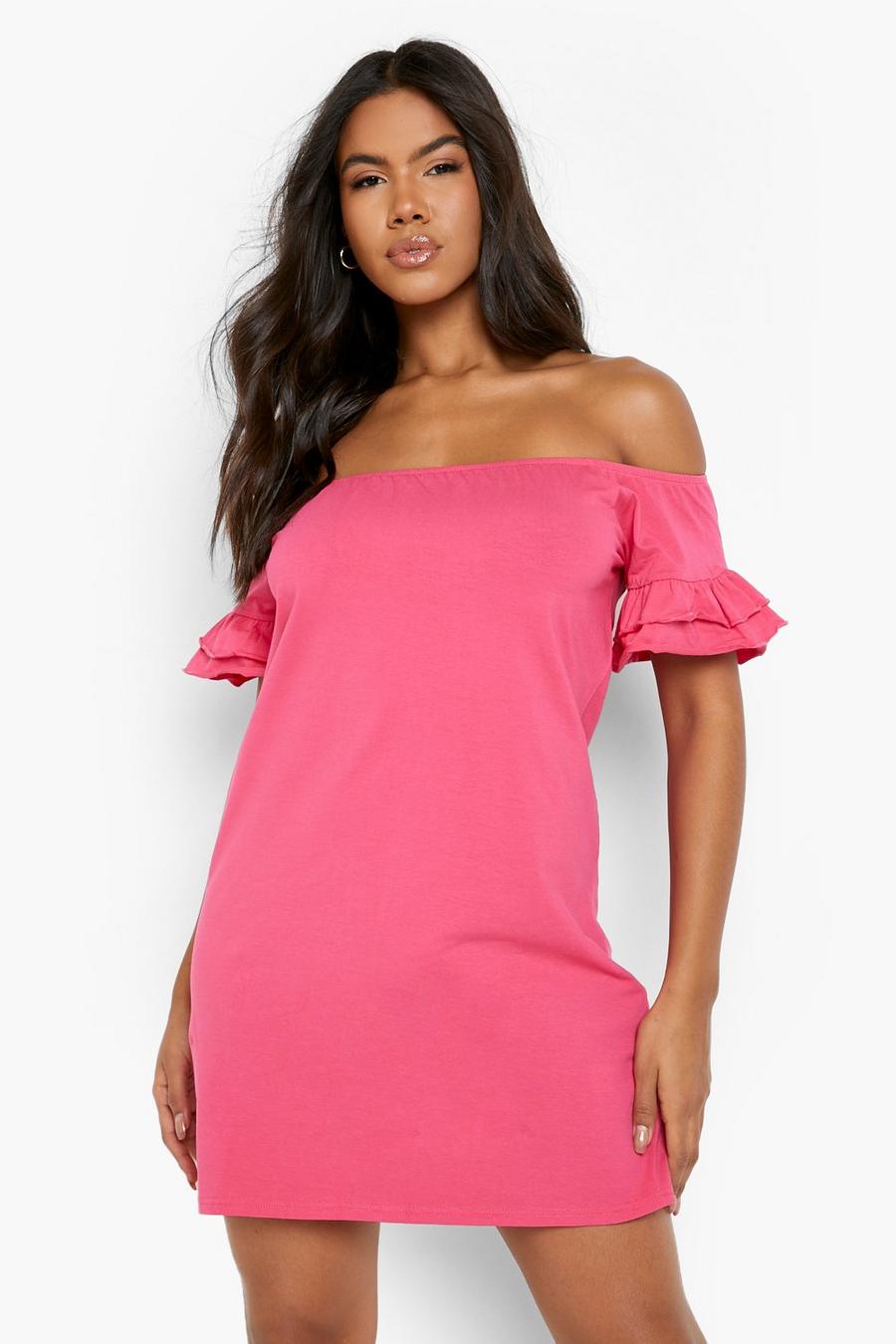 Hot pink Bardot Short Sleeve Frill Edge Swing Dress image number 1
