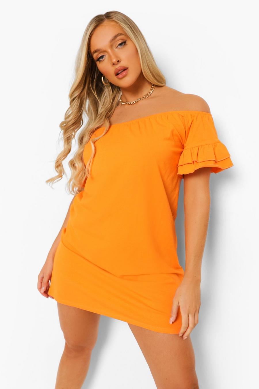 Orange Off The Shoulder Short Sleeve Frill Edge Swing Dress