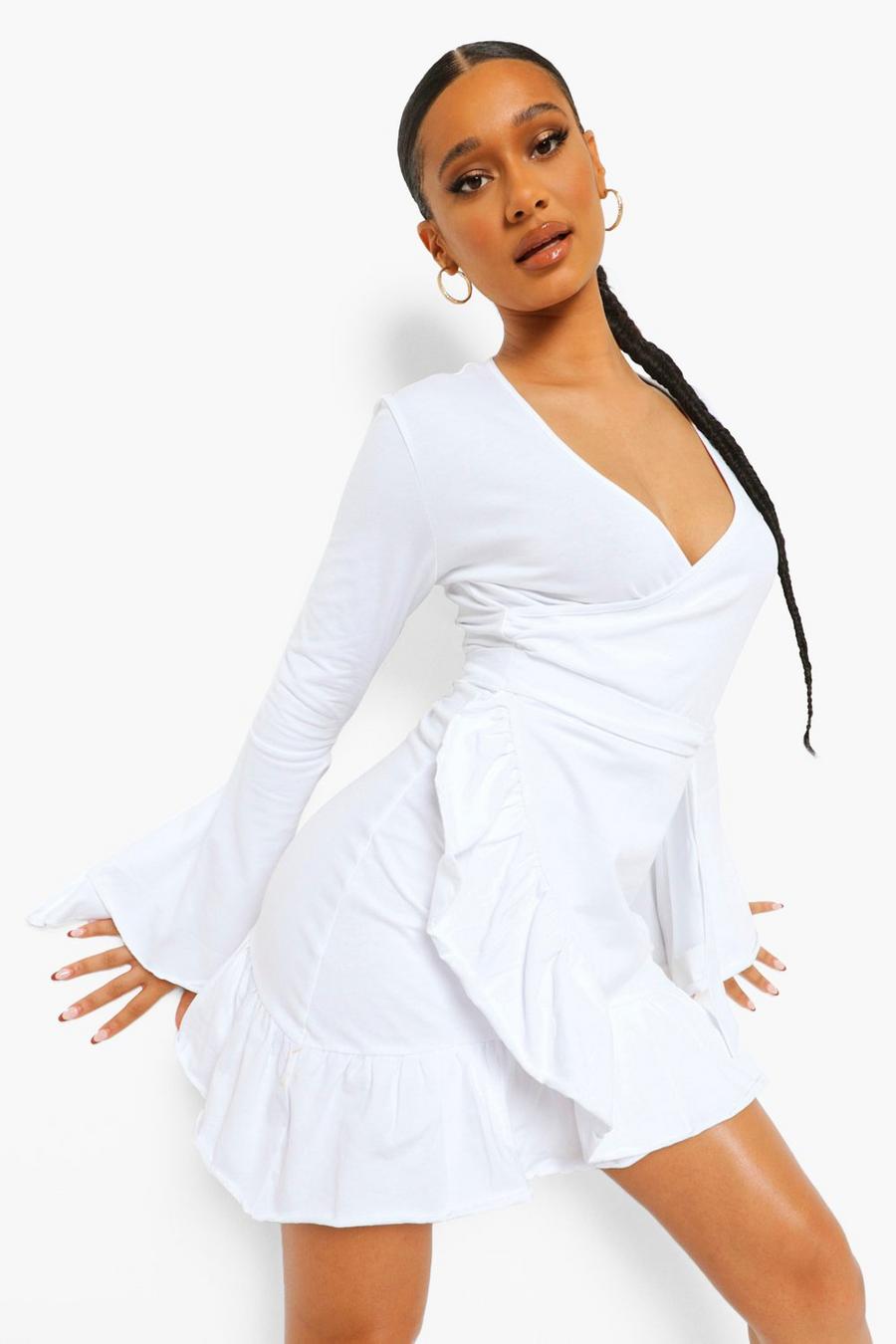 White blanc Wrap Tie Side Frill Detail Tea Dress image number 1