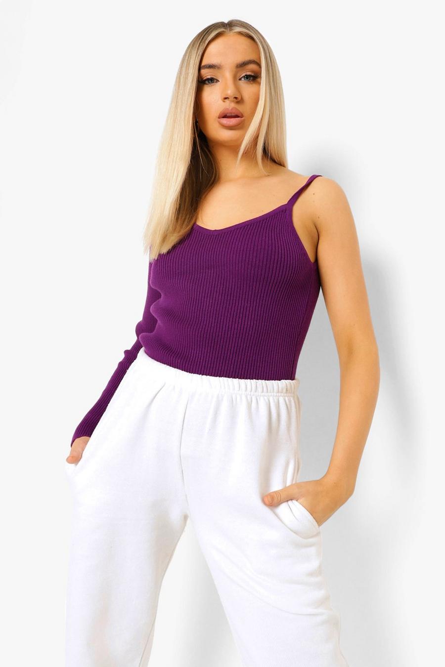 Purple One Shoulder Premium Rib Sweater image number 1