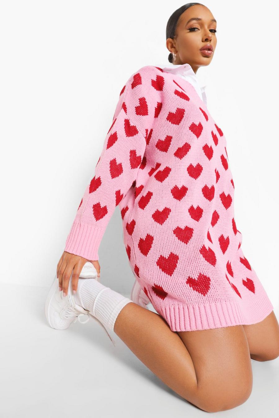 Pink Heart Print Oversized Jumper Dress image number 1