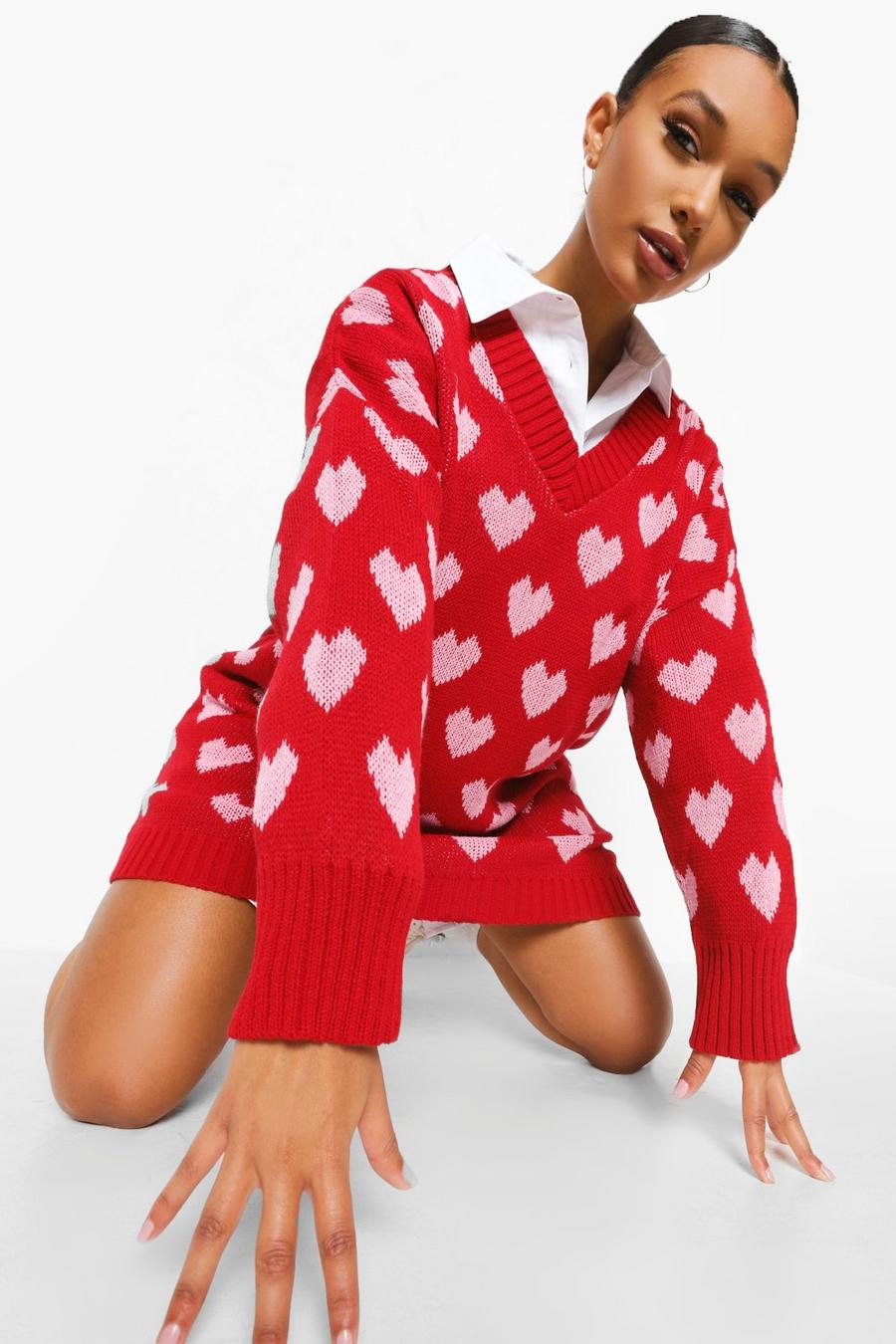 Red röd Heart Print Oversized Jumper Dress image number 1