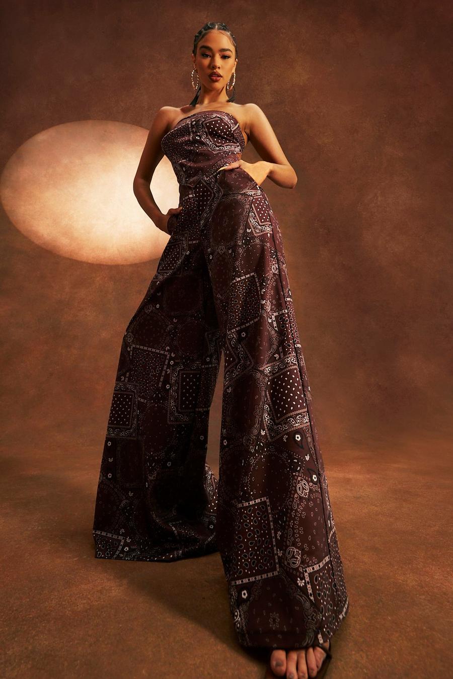 Scarf Print Bandeau And Wide Leg Pants image number 1