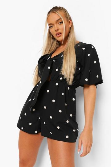 Black Polka Dot V Neck Tie Front Romper