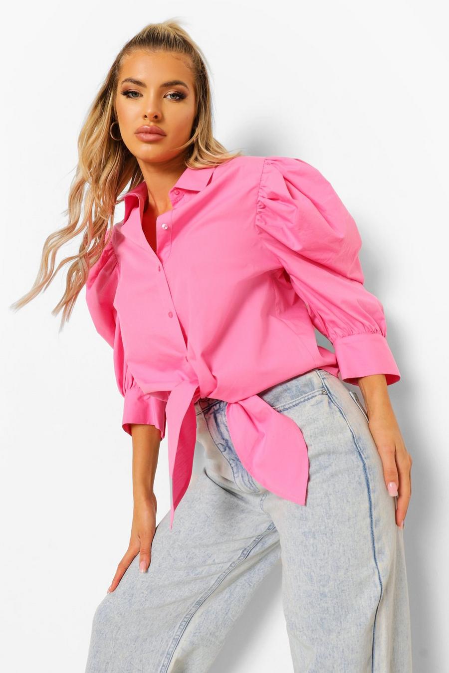 Hot pink Bomullsskjorta med knytdetalj och puffärm image number 1
