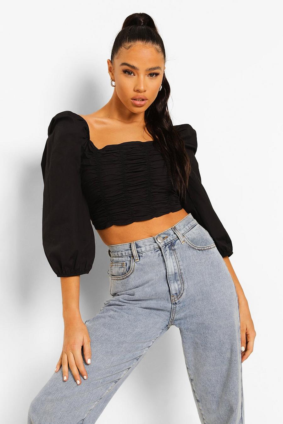 Black Cotton Ruched Front Square Neck Crop Top image number 1
