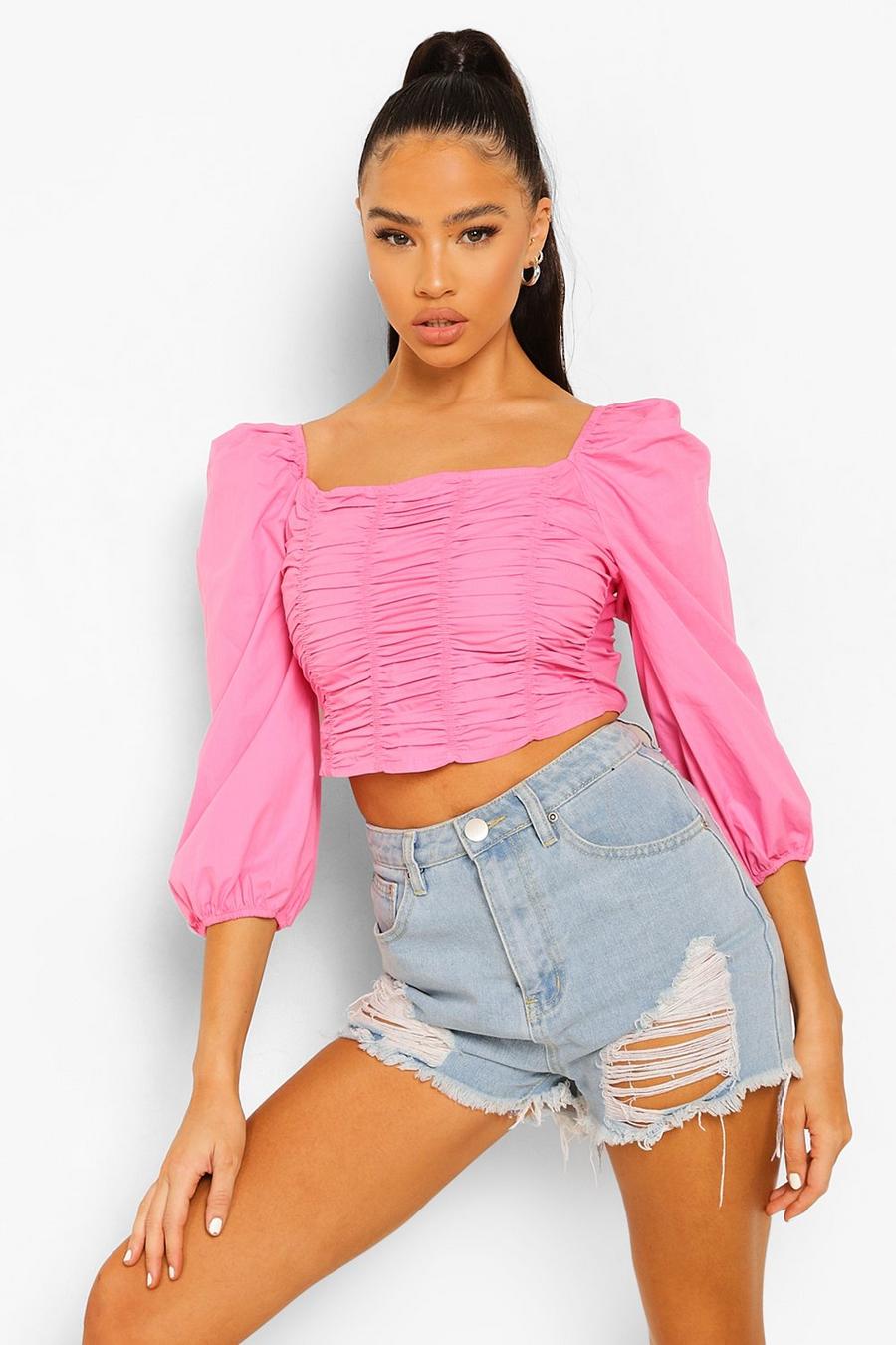 Hot pink Cotton Ruched Front Square Neck Crop Top image number 1