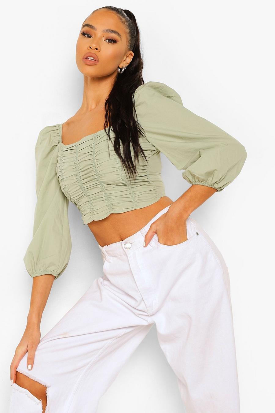Sage Cotton Ruched Front Square Neck Crop Top image number 1