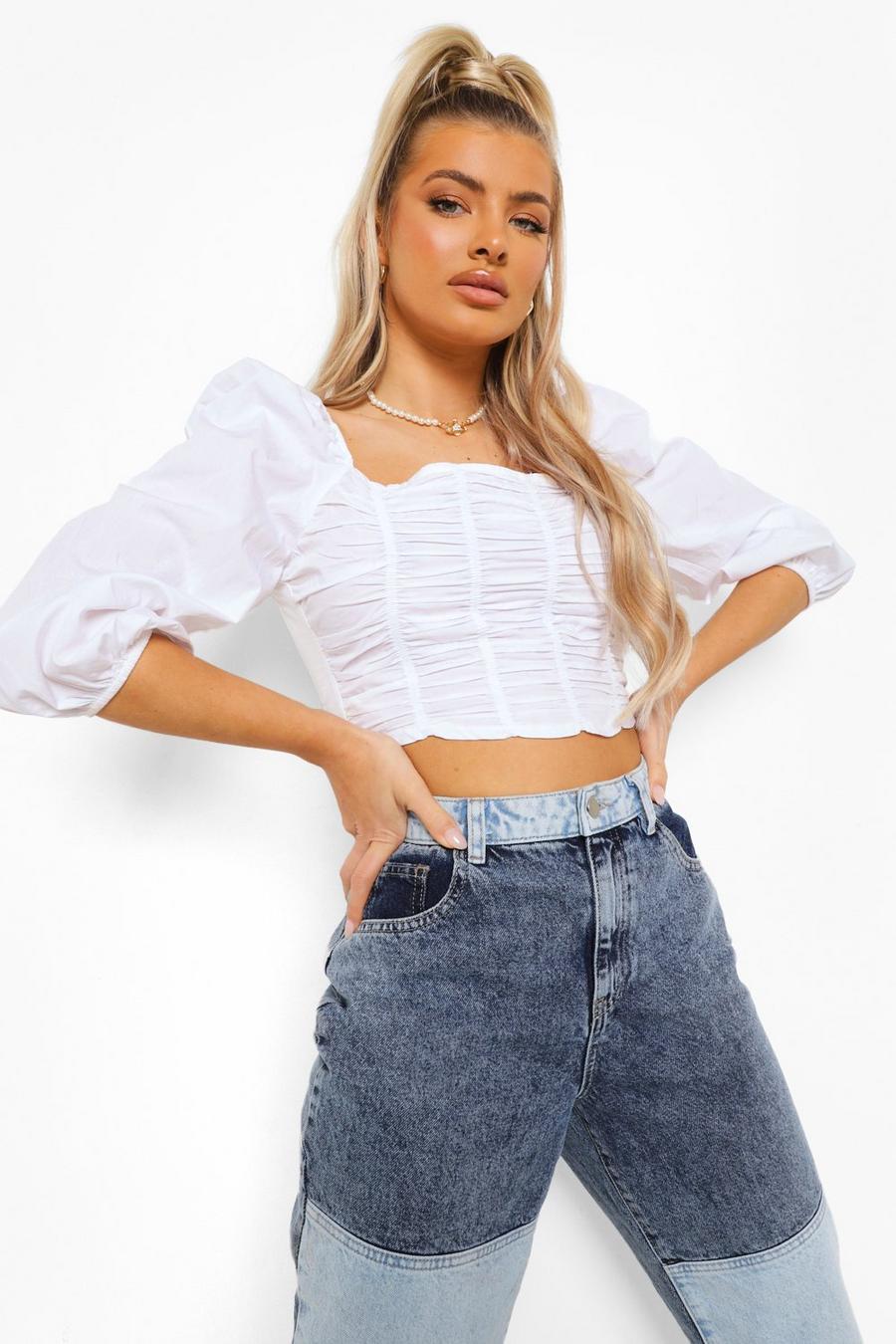 White Cotton Ruched Front Square Neck Crop Top image number 1