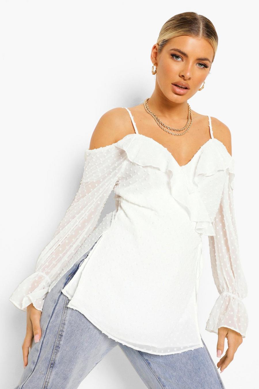 White Dobby Cold Shoulder Wrap Top image number 1