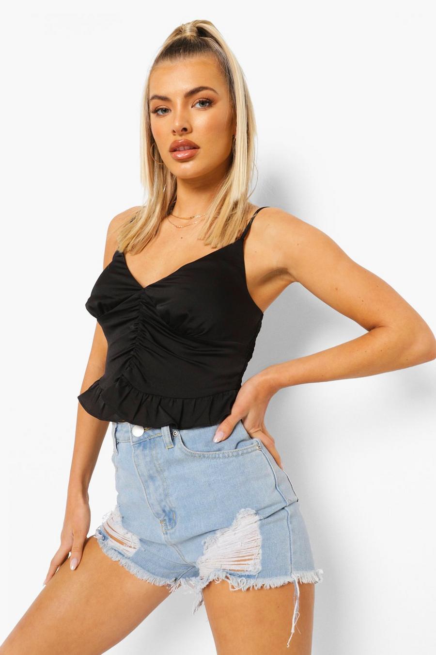 Black Woven Ruched Ruffle Cami Top image number 1