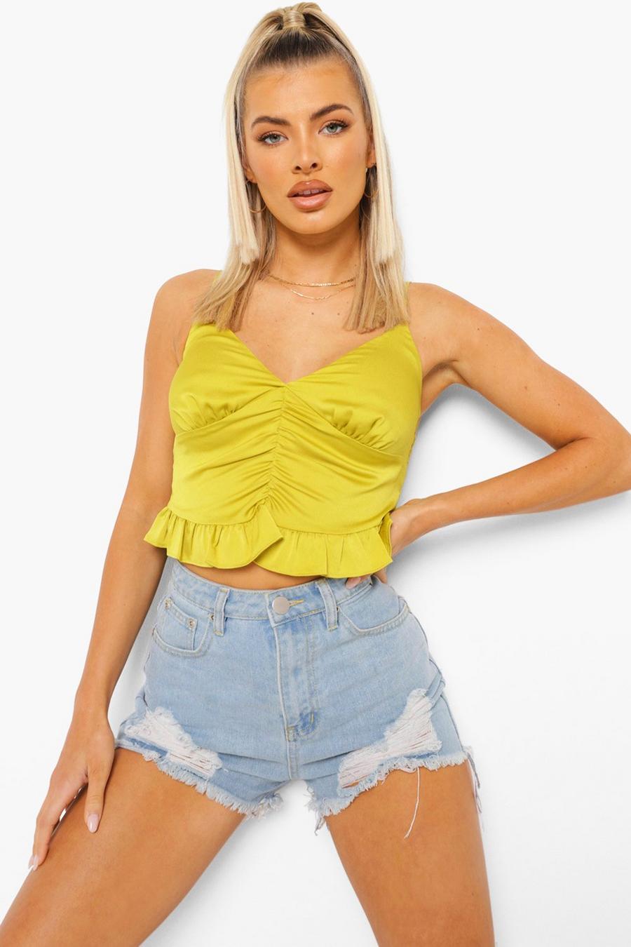 Chartreuse Woven Ruched Ruffle Cami Top image number 1