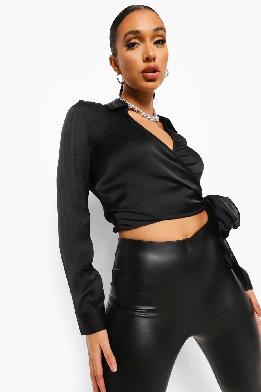 Black Wrap Tie Side Long Sleeve Blouse image number 1