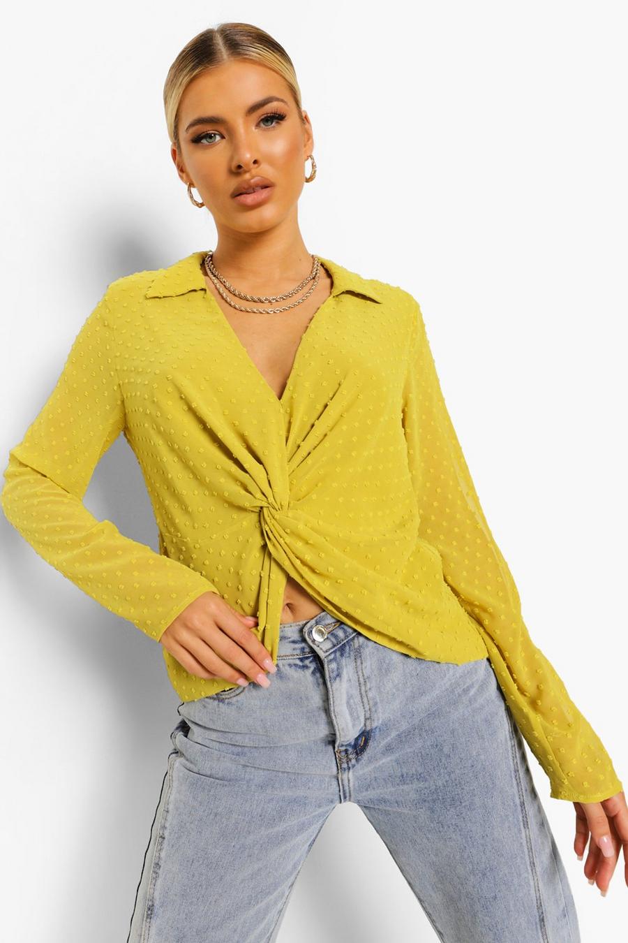 Chartreuse Dobby Mesh Plunge Knot Detail Blouse image number 1