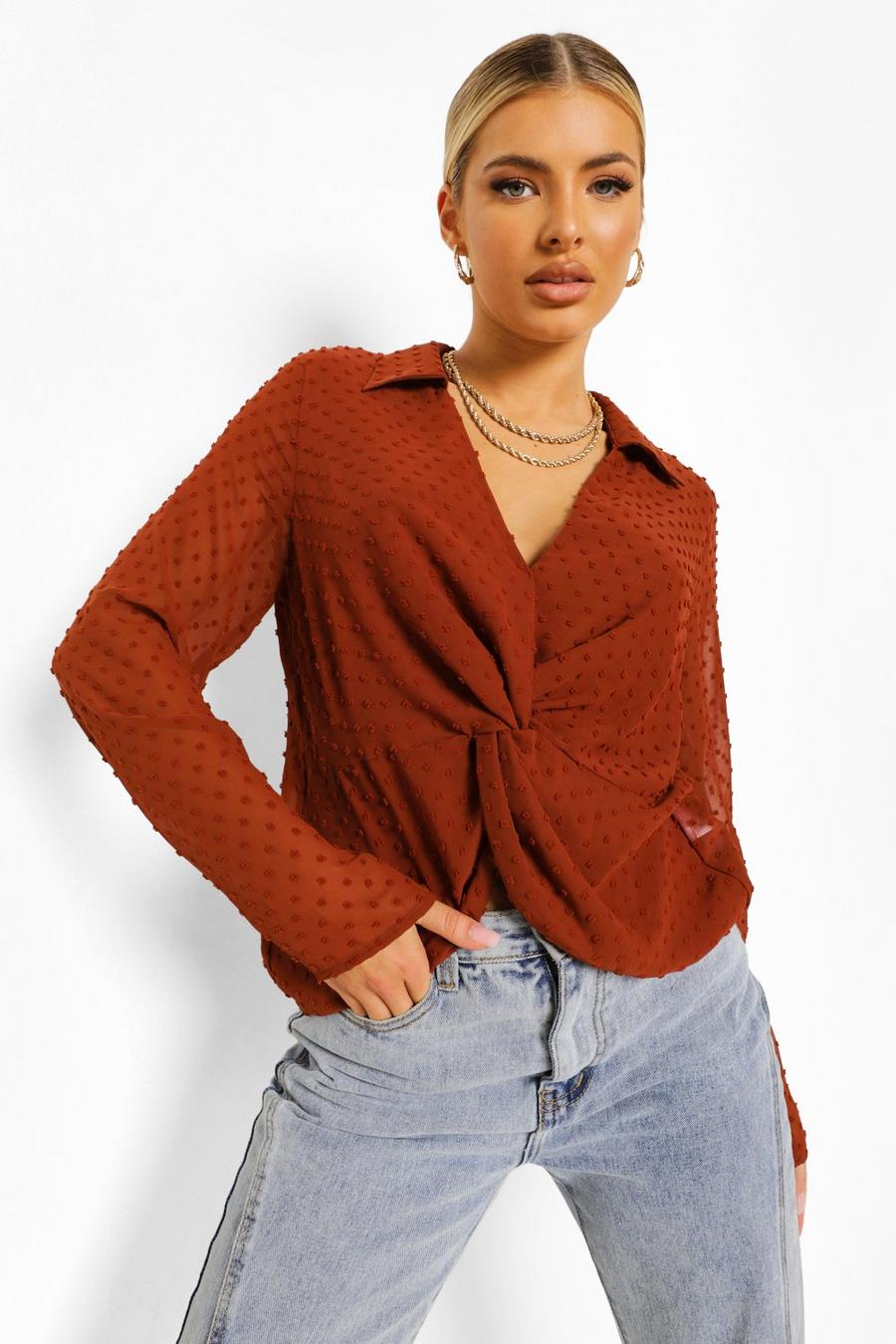 Rust Dobby Mesh Plunge Knot Detail Blouse image number 1