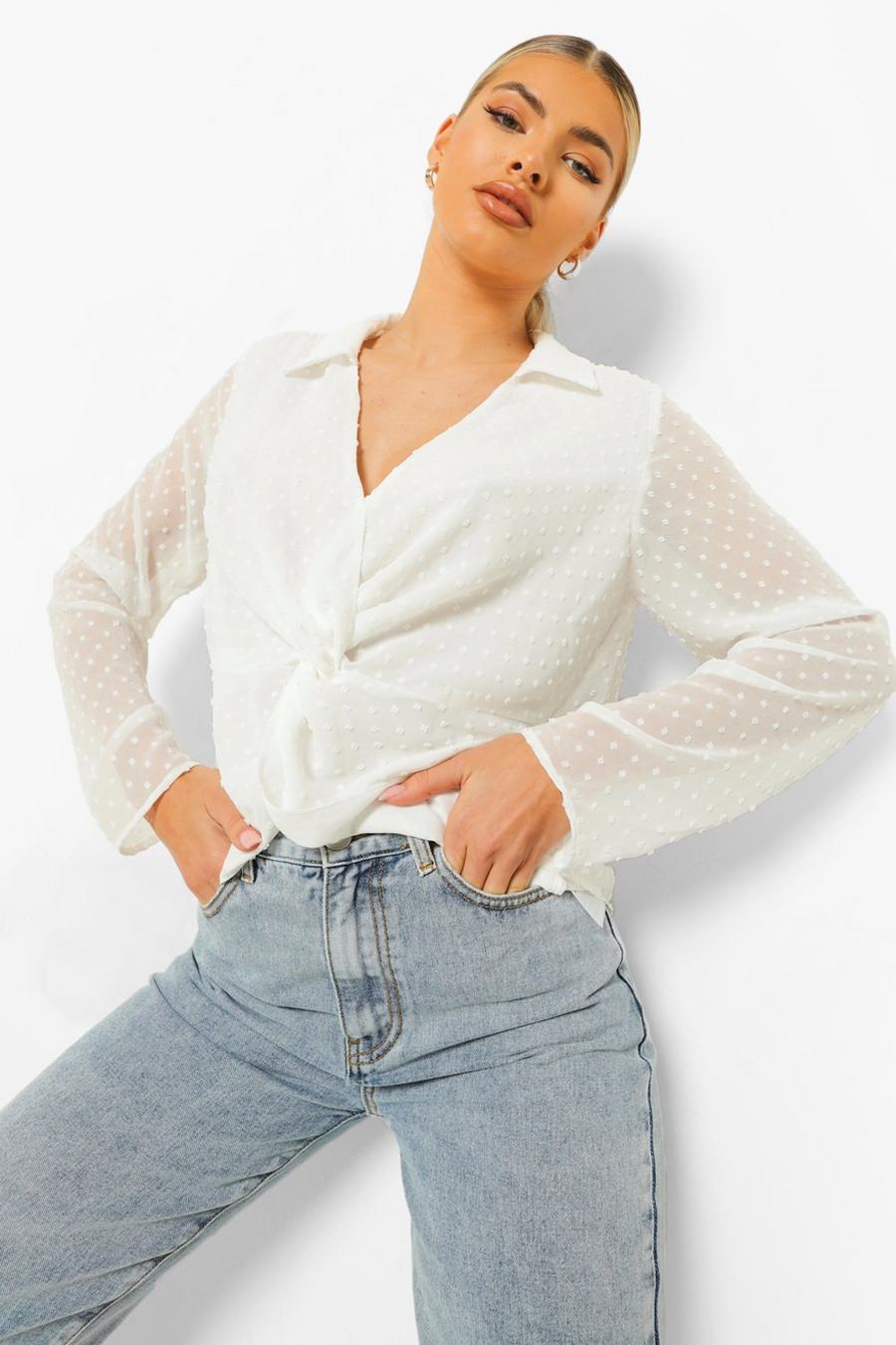 White Dobby Mesh Plunge Knot Detail Blouse image number 1