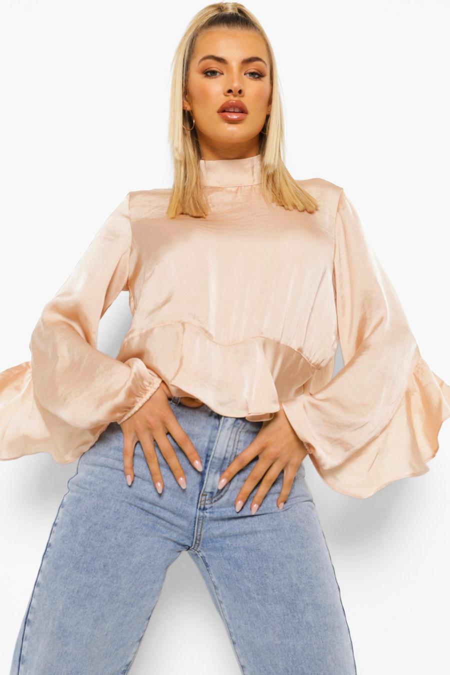 Champagne High Neck Frill Edge Blouse image number 1