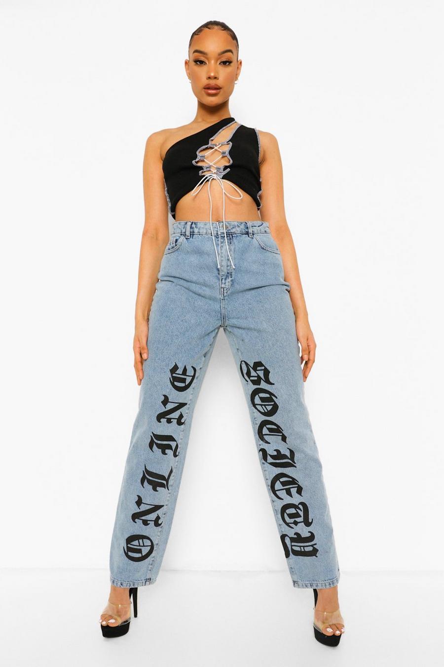 Ice blue High Waist Straight Leg Jeans With Leg Print image number 1