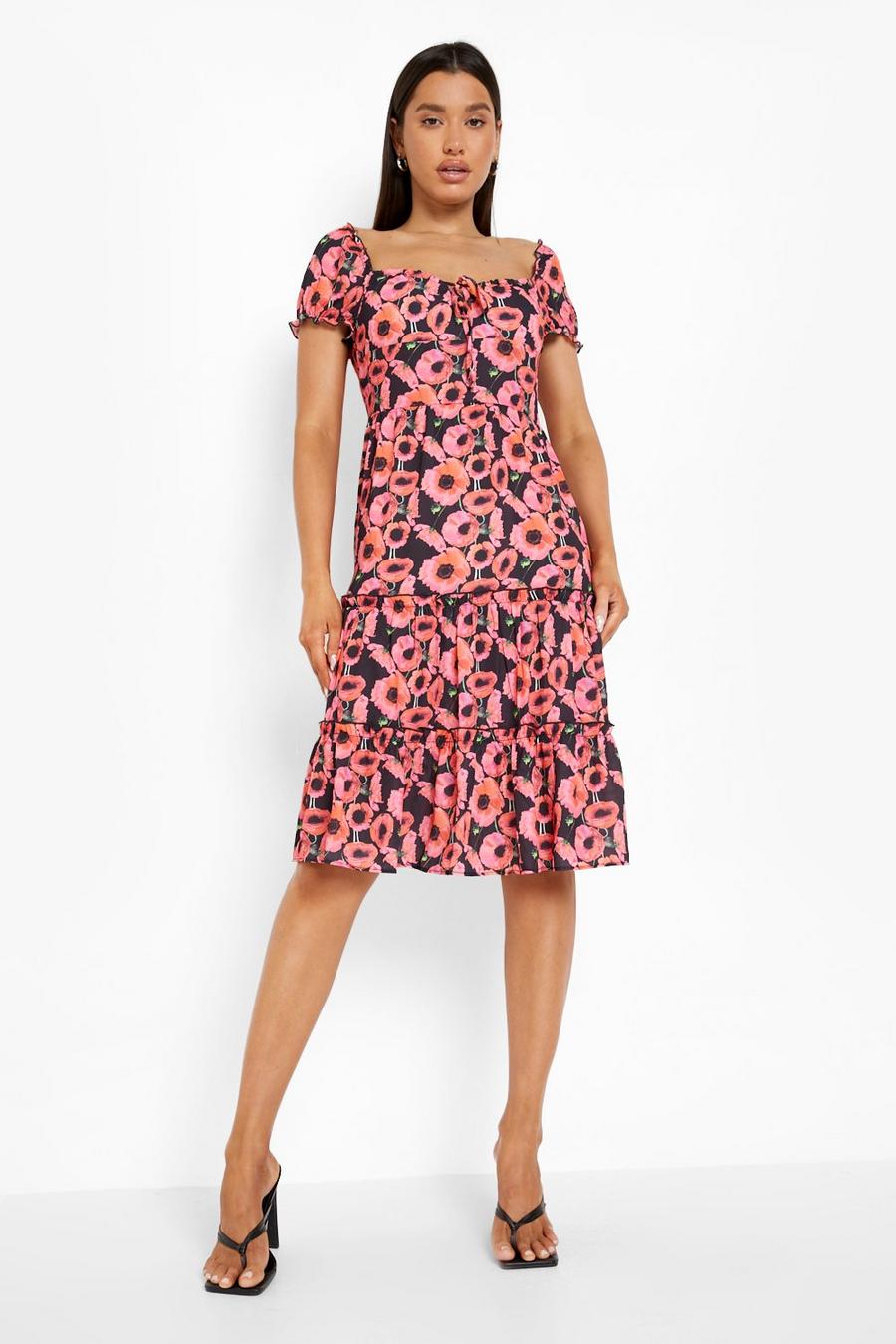 Hot pink Floral Print Tiered Midi Dress image number 1