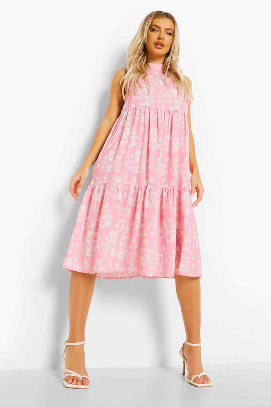 Bright pink Floral Tiered Midi Smock Dress image number 1