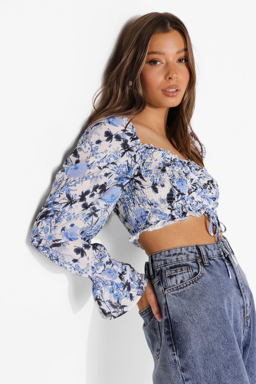Blue Porcelain Rouched Puff Sleeve Crop Top image number 1